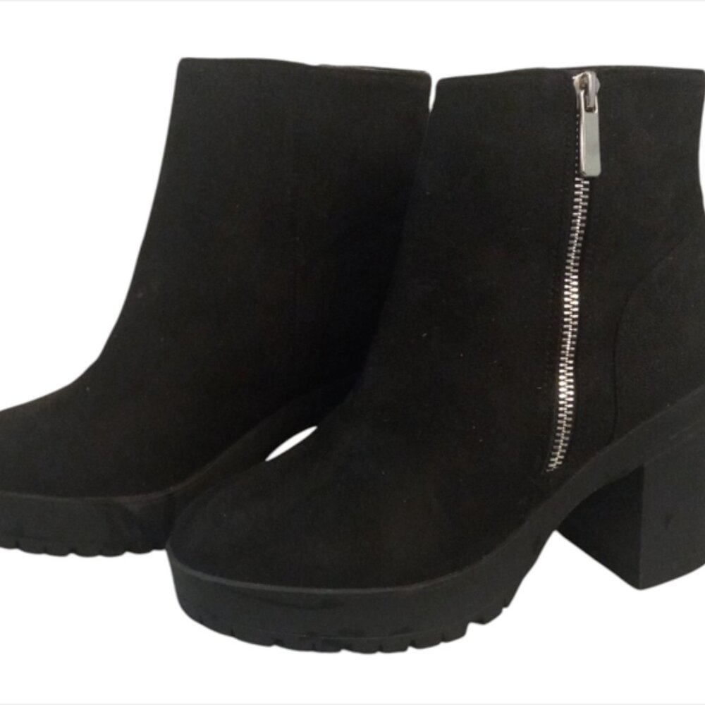 FOREVER 21 Black Faux Suede Moto Biker Platform Chunky Heel Boots Size 8